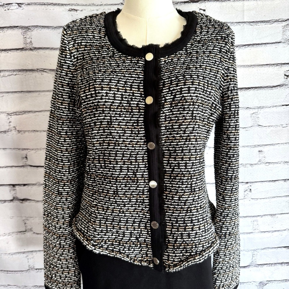 White House Black Market Tweed‎ Cardigan Jacket Womens M Black Cream Gold Button